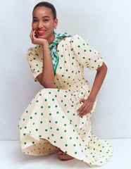 Irene Puff Sleeve Cotton Dress-Ivory Green Spot / Boden