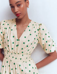 Irene Puff Sleeve Cotton Dress-Ivory Green Spot / Boden