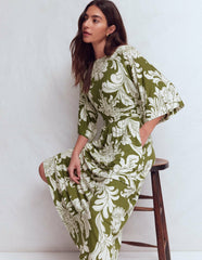 Imelda Kimono Jersey Dress-Olive, Botanical Flourish Mono / Boden Outlet
