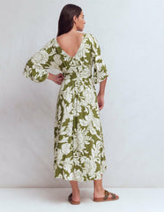 Imelda Kimono Jersey Dress-Olive, Botanical Flourish Mono / Boden Outlet