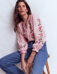 Camille Double Cloth Top-Spring Blossom Pink Embroidery / Boden Discount