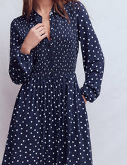 Smocked Jersey Shirt Dress-French Navy, Painted Dot / Boden Sale