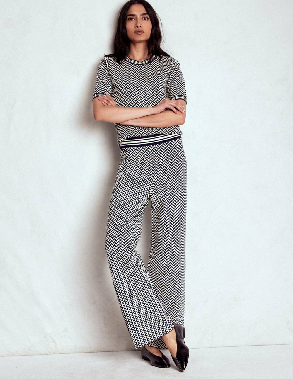 Jacquard Knitted Trousers-Geo Navy and Ivory Jacquard / Boden Outlet