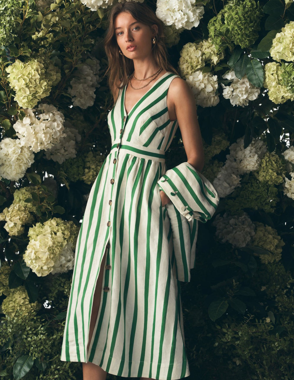 Catherine Button Linen Dress-Ivory and Green Satin Stripe / Boden Online