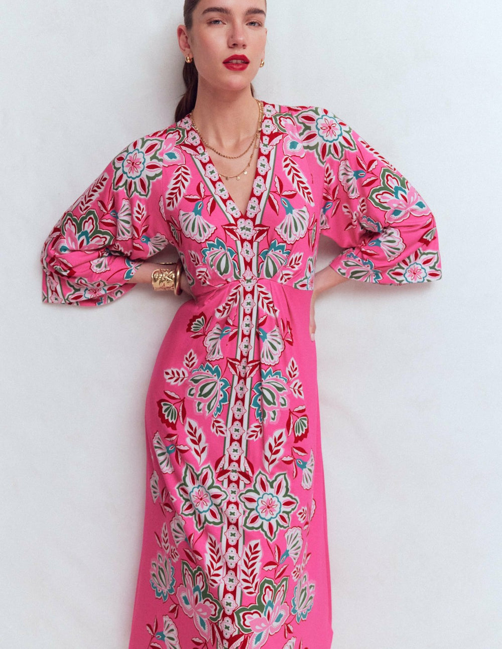 Nell Kimono Midi Jersey Dress-Pink, Blossom Elegance / Boden us