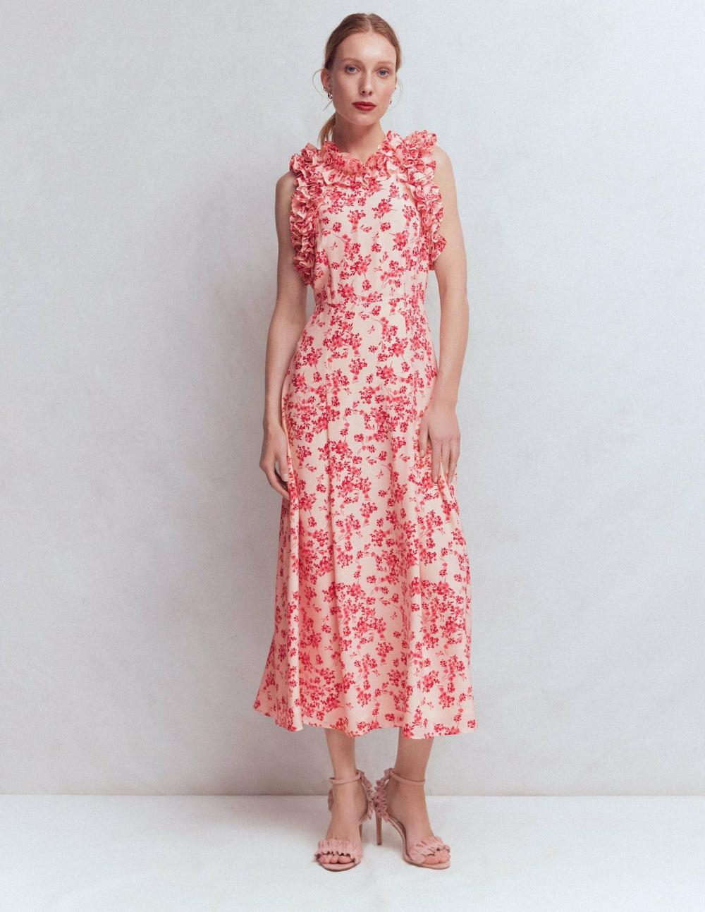 Ruffle Silk Midi Dress-Pink Bloom Scatter Mono / Boden On sale