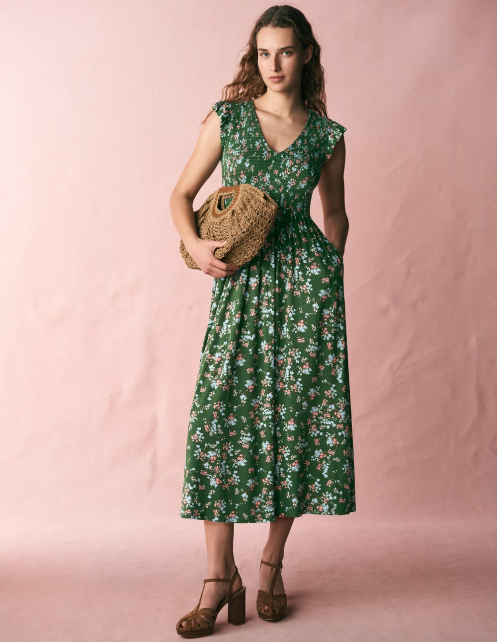 Smocked Jersey Midi Dress-Promenade Green, Bloom Scatter / Boden Sale