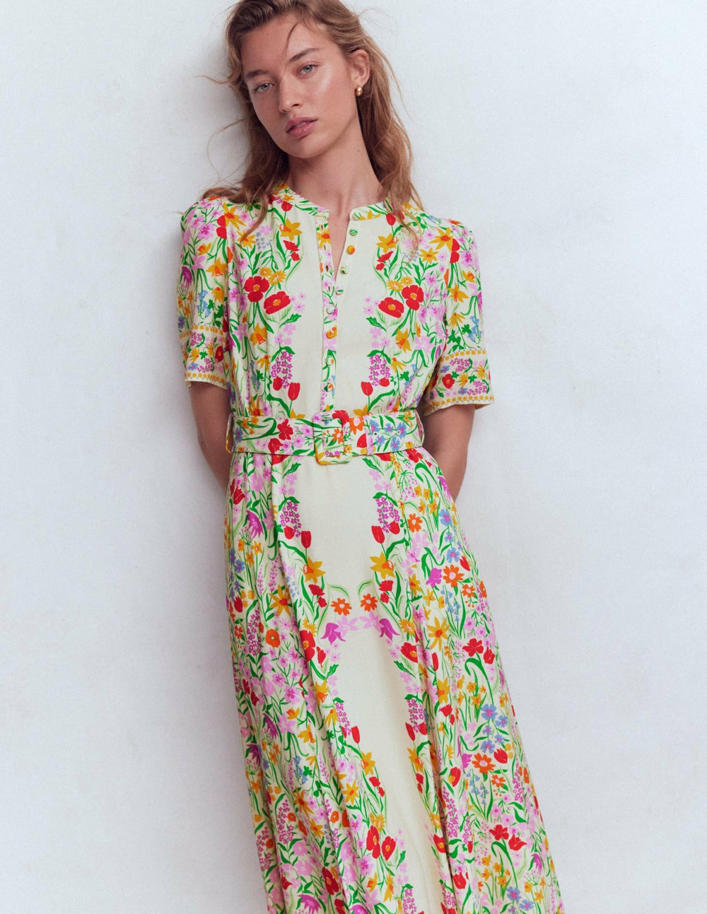 Kate Puff Sleeve Belted Dress-Ivory, Elegant Garden / Boden