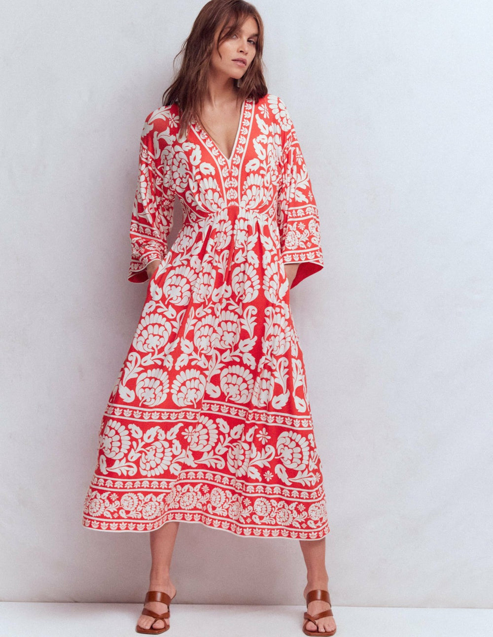 Nell Kimono Midi Jersey Dress-Bright Cherry, Ornate Floret / Boden Outlet