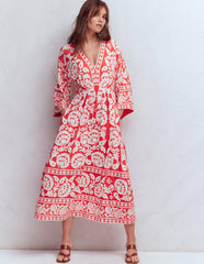Nell Kimono Midi Jersey Dress-Bright Cherry, Ornate Floret / Boden Outlet