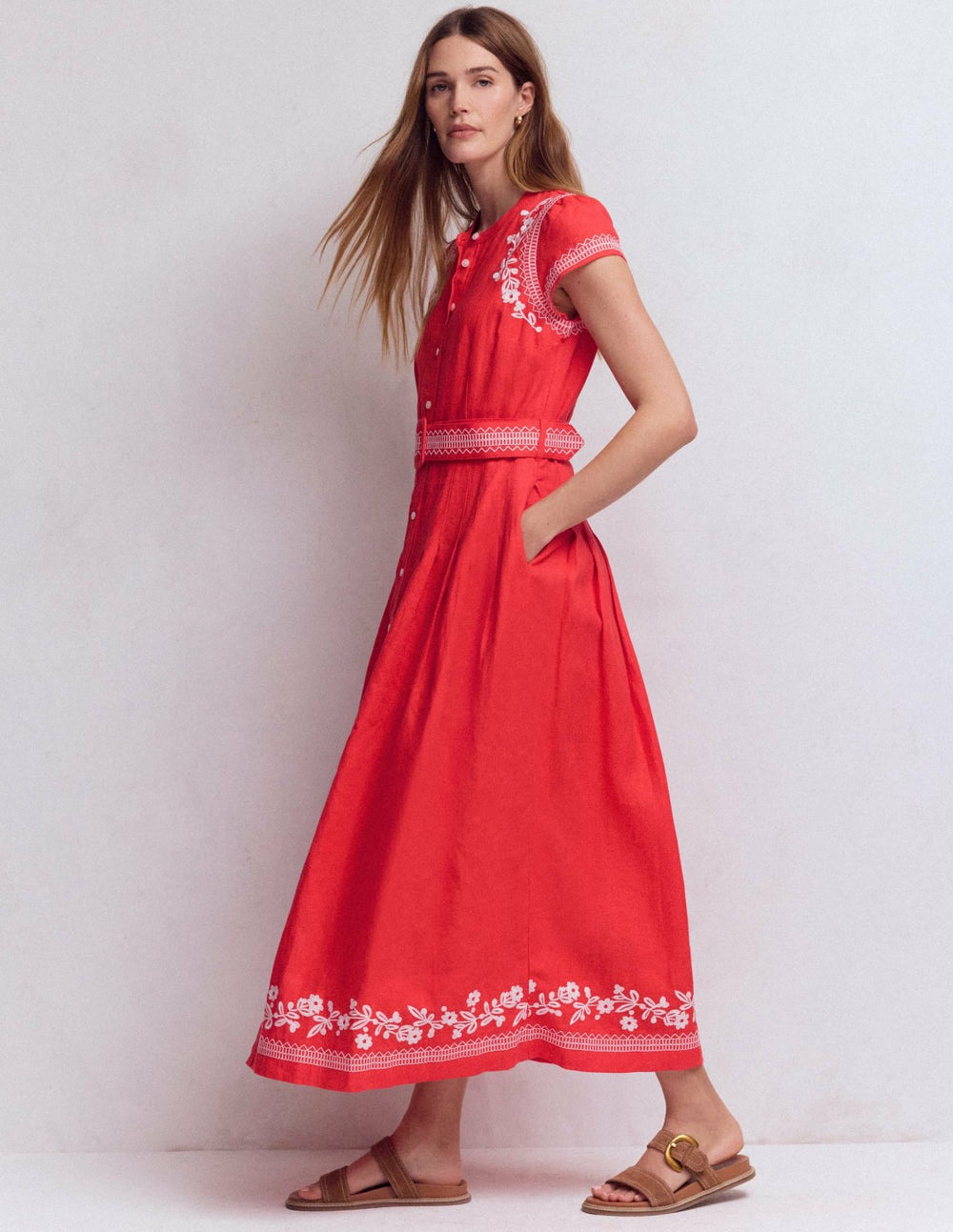 Arabella Linen Blend Dress-Red Embroidery / Boden Discount