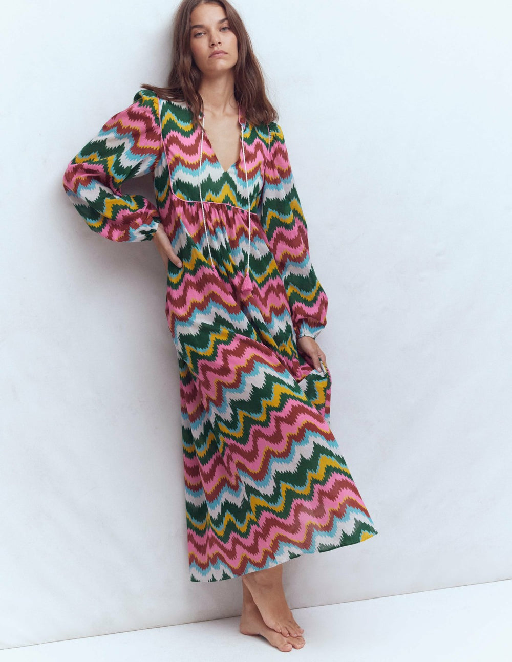 Boho Tie Neck Kaftan-Multi, Zig Zag Wave / Boden On sale