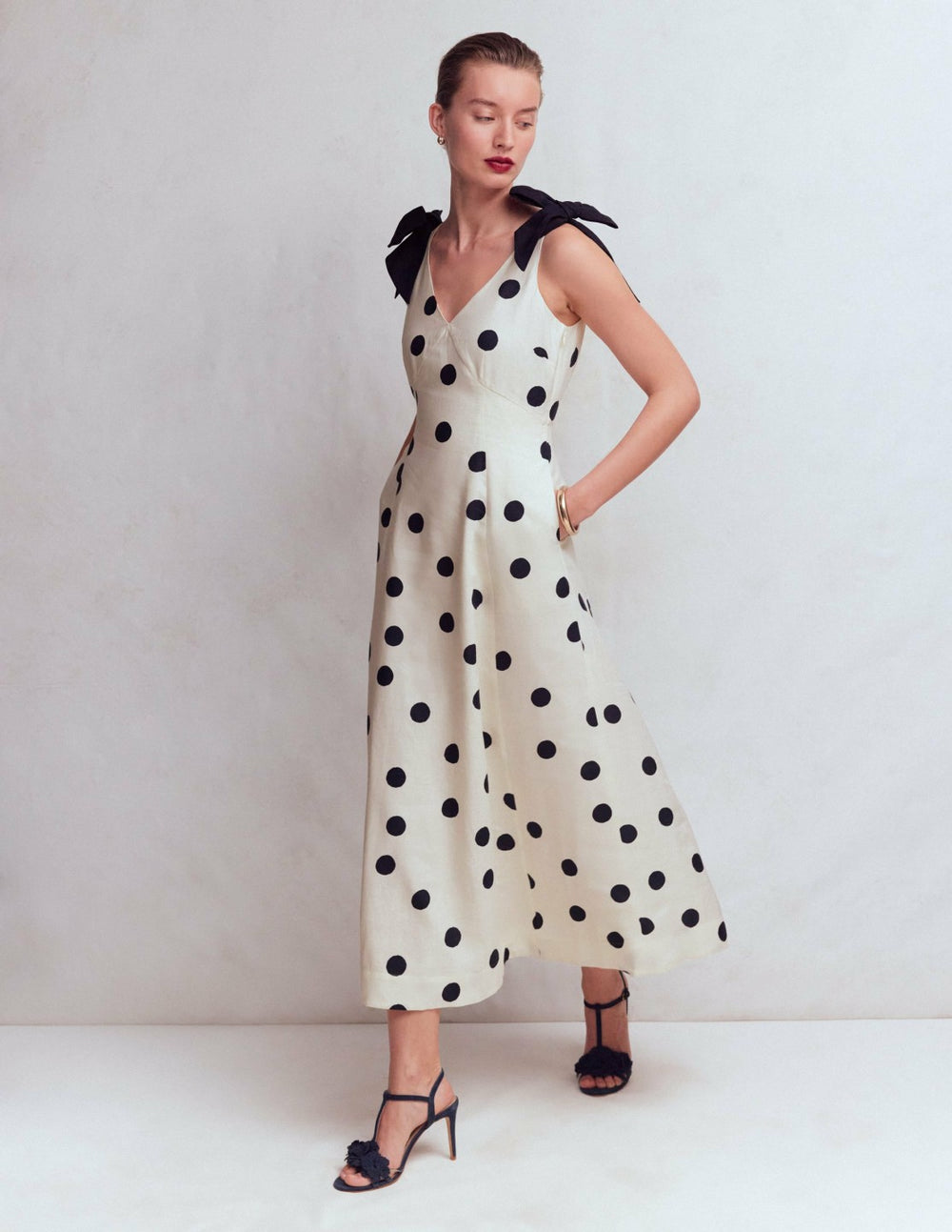 Bow Detail Linen Empire Dress-Ivory Painted Dot Spaced / Boden