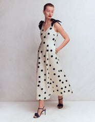 Bow Detail Linen Empire Dress-Ivory Painted Dot Spaced / Boden