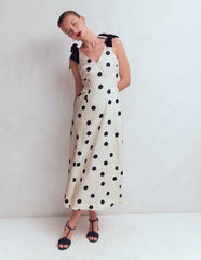 Bow Detail Linen Empire Dress-Ivory Painted Dot Spaced / Boden