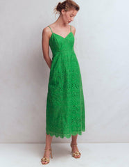 Empire Linen Broderie Dress-Rich Emerald Broderie / Boden Discount