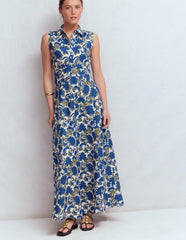 Erma Drop Waist Linen Dress-Blue Shadow Blossom / Boden Online