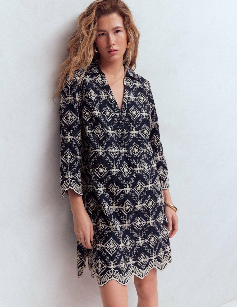Carmen Broderie Short Dress-Navy Broderie / Boden
