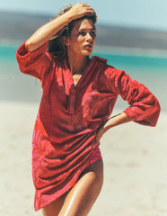 Short Collared Towelling Dress-Merida Red, Ornamental Foliage / Boden Outlet