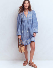 Pia Linen Yoke Tassel Dress-Chambray Embroidery / Boden Discount
