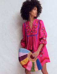 Pia Linen Blend Yoke Dress-Pink Embroidery / Boden us