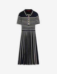 Collared Knitted Midi Dress-French Navy and Ivory Stripe / Boden On sale