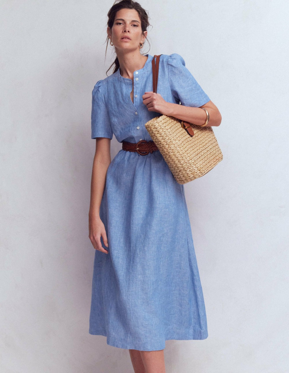 Ivy Placket Linen Midi Dress-Summer Blue Chambray / Boden
