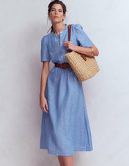 Ivy Placket Linen Midi Dress-Summer Blue Chambray / Boden