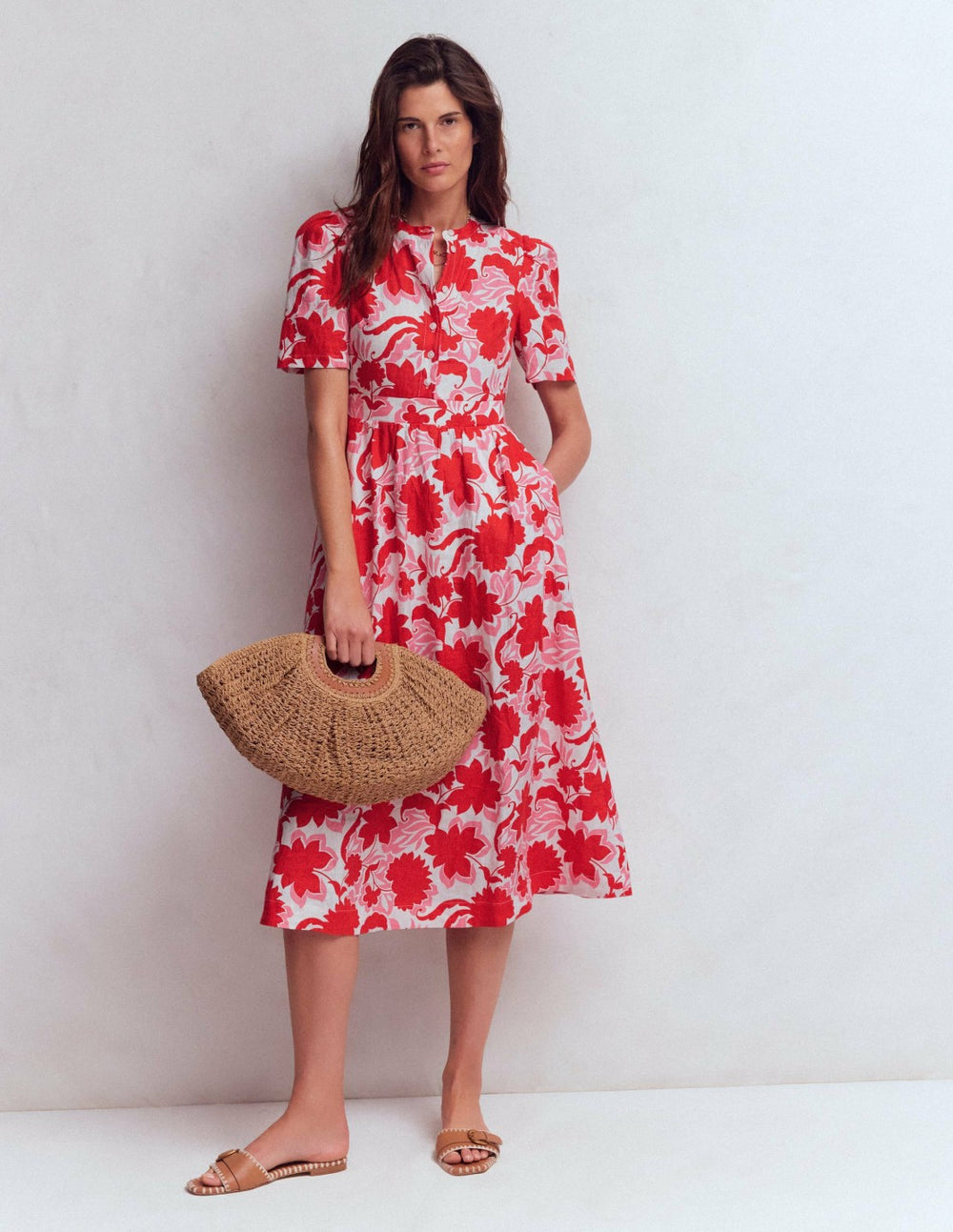 Ivy Placket Linen Midi Dress-Red Shadow Blossom / Boden Discount