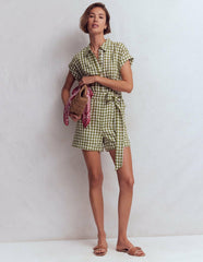 Kay Linen Playsuit-Olive, Ivory Gingham / Boden Sale
