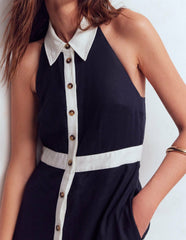 Eva Collar Halter Linen Dress-Navy Ivory / Boden Online
