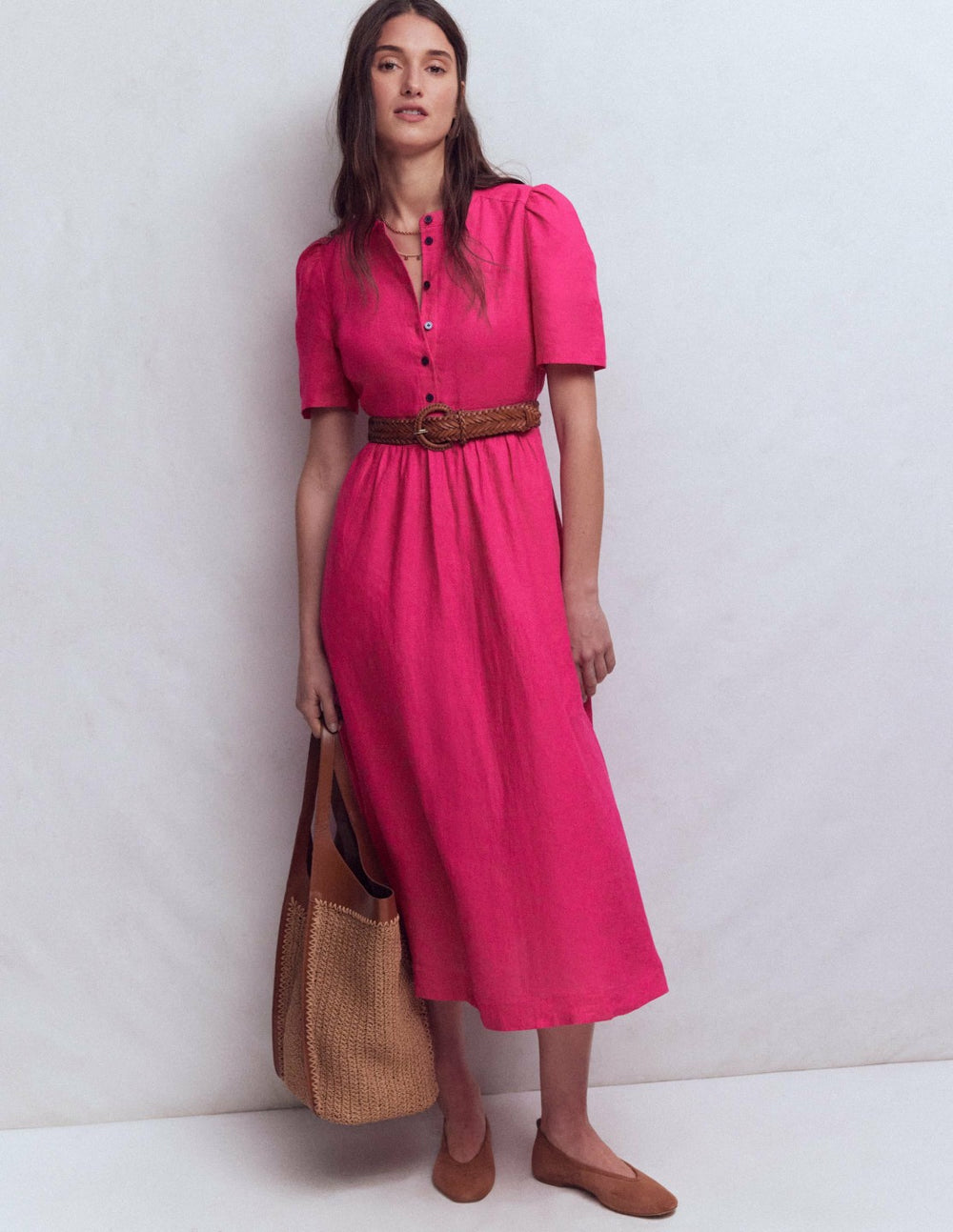 Ivy Placket Linen Midi Dress-Pink Peony / Boden On sale