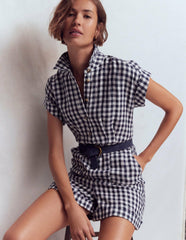 Kay Linen Playsuit-Navy, Ivory Gingham / Boden Sale