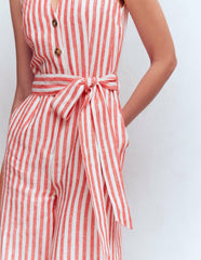 Laura V-neck Linen Jumpsuit-Red, Ivory Stripe / Boden Discount