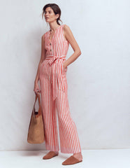 Laura V-neck Linen Jumpsuit-Red, Ivory Stripe / Boden Discount