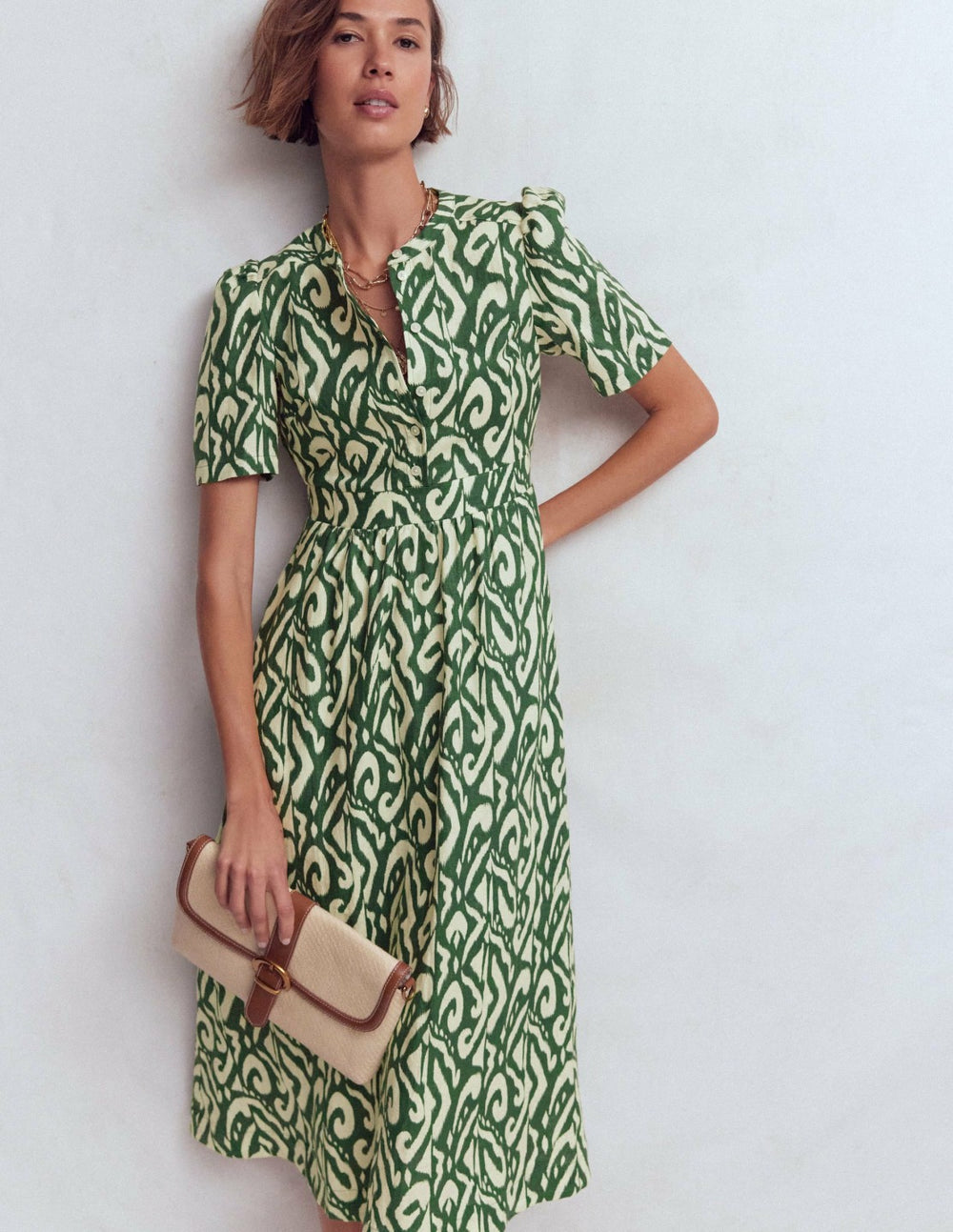 Ivy Placket Linen Midi Dress-Hunter Green Ikat / Boden Outlet
