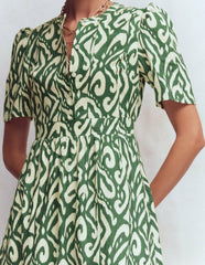Ivy Placket Linen Midi Dress-Hunter Green Ikat / Boden Outlet