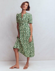 Ivy Placket Linen Midi Dress-Hunter Green Ikat / Boden Outlet