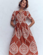 Ivy Placket Cotton Midi Dress-Rust Embroidery / Boden