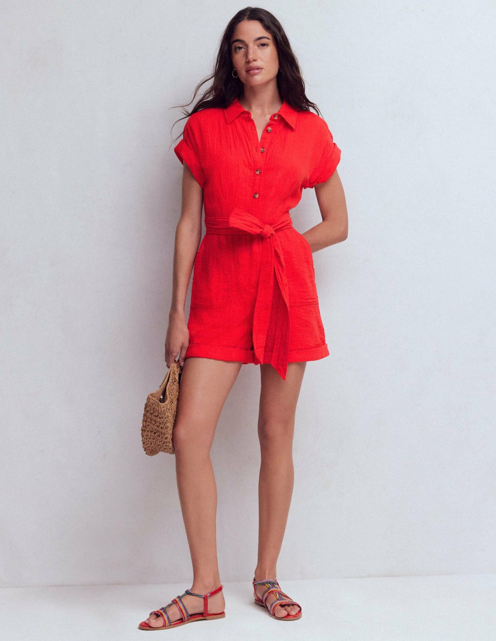 Kay Double Cloth Playsuit-Poppy Red / Boden Outlet