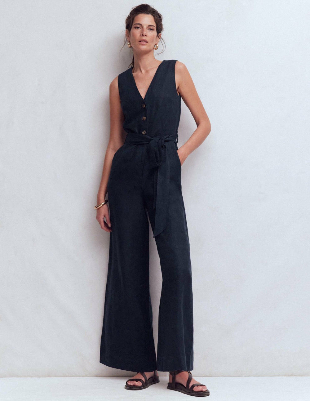 Laura V-neck Linen Jumpsuit-Navy / Boden Discount