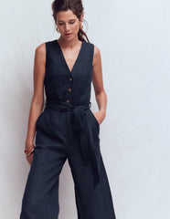 Laura V-neck Linen Jumpsuit-Navy / Boden Discount