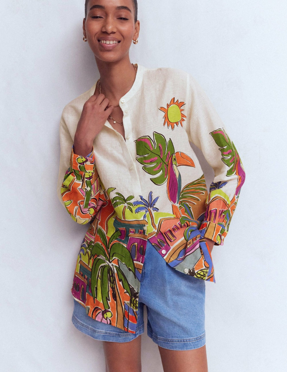Longline Linen Shirt-Multi, Tropical Village / Boden