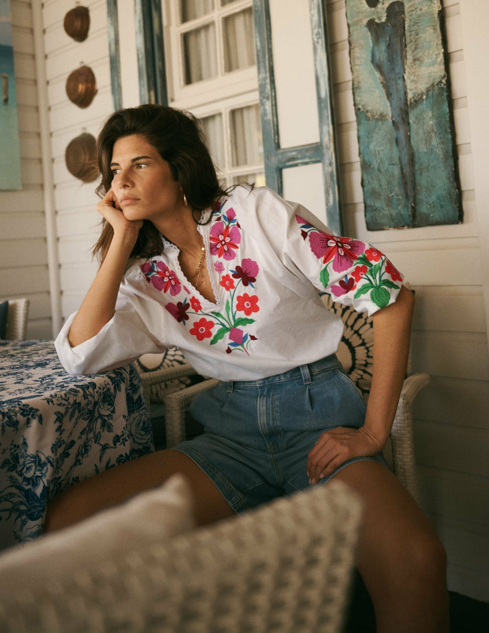 Embroidered Notch Neck Top-Floral Placement Embroidery / Boden Sale