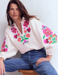 Embroidered Notch Neck Top-Floral Placement Embroidery / Boden Sale