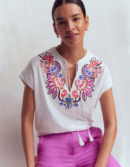 Nina Embroidered Notch T-shirt-White - Multi Embroidery / Boden us
