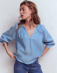 Serena Pleat Neck Linen Top-Chambray / Boden On sale