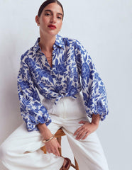 Puff Sleeve Linen Shirt-Sapphire Blue, Tigers Paradise / Boden