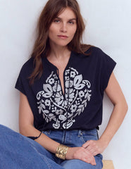 Nina Embroidered Notch T-shirt-Navy Embroidery / Boden Sale