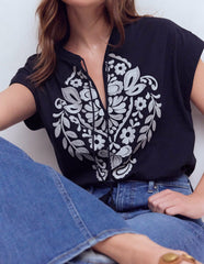 Nina Embroidered Notch T-shirt-Navy Embroidery / Boden Sale